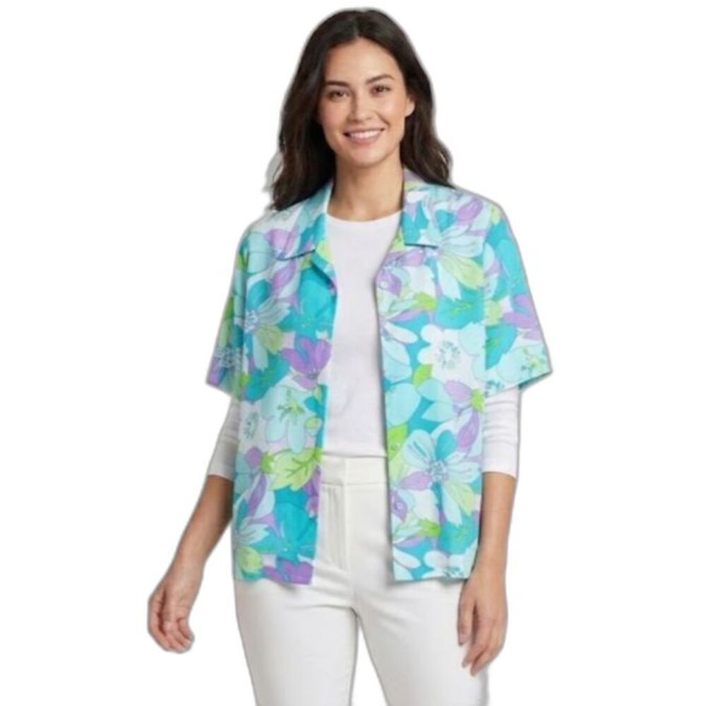 Allison Daley Womens Aqua Tropical Crinkle Texture SS Vintage Camp Shirt Size 14